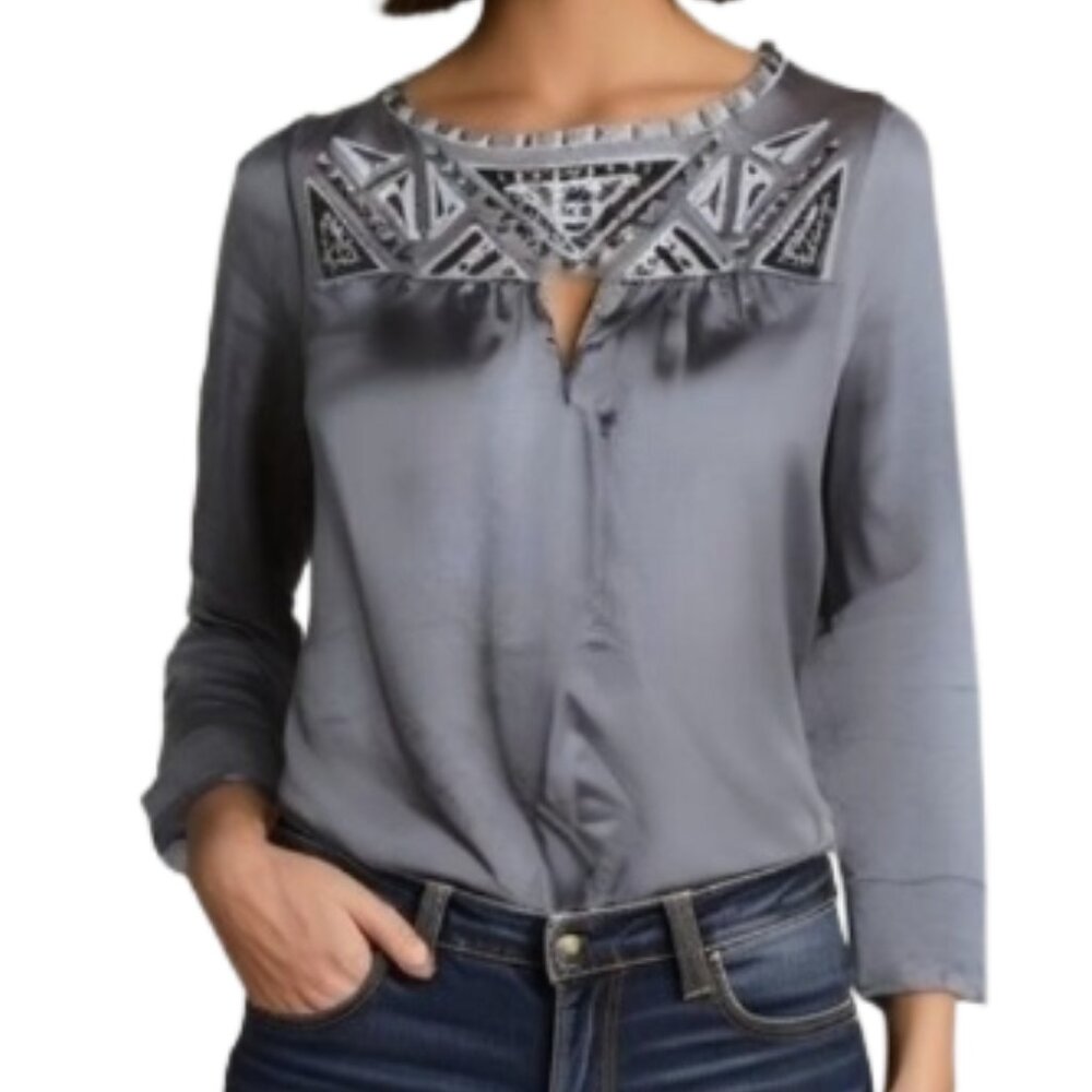 Bob Mackie Gray Satin Blouse with Embroidered Yoke - Picture 6 of 6